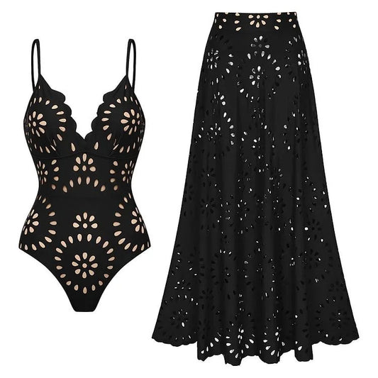 Flower Hollow One Piece Swimsuit and Coverup Skirt - Sculpté